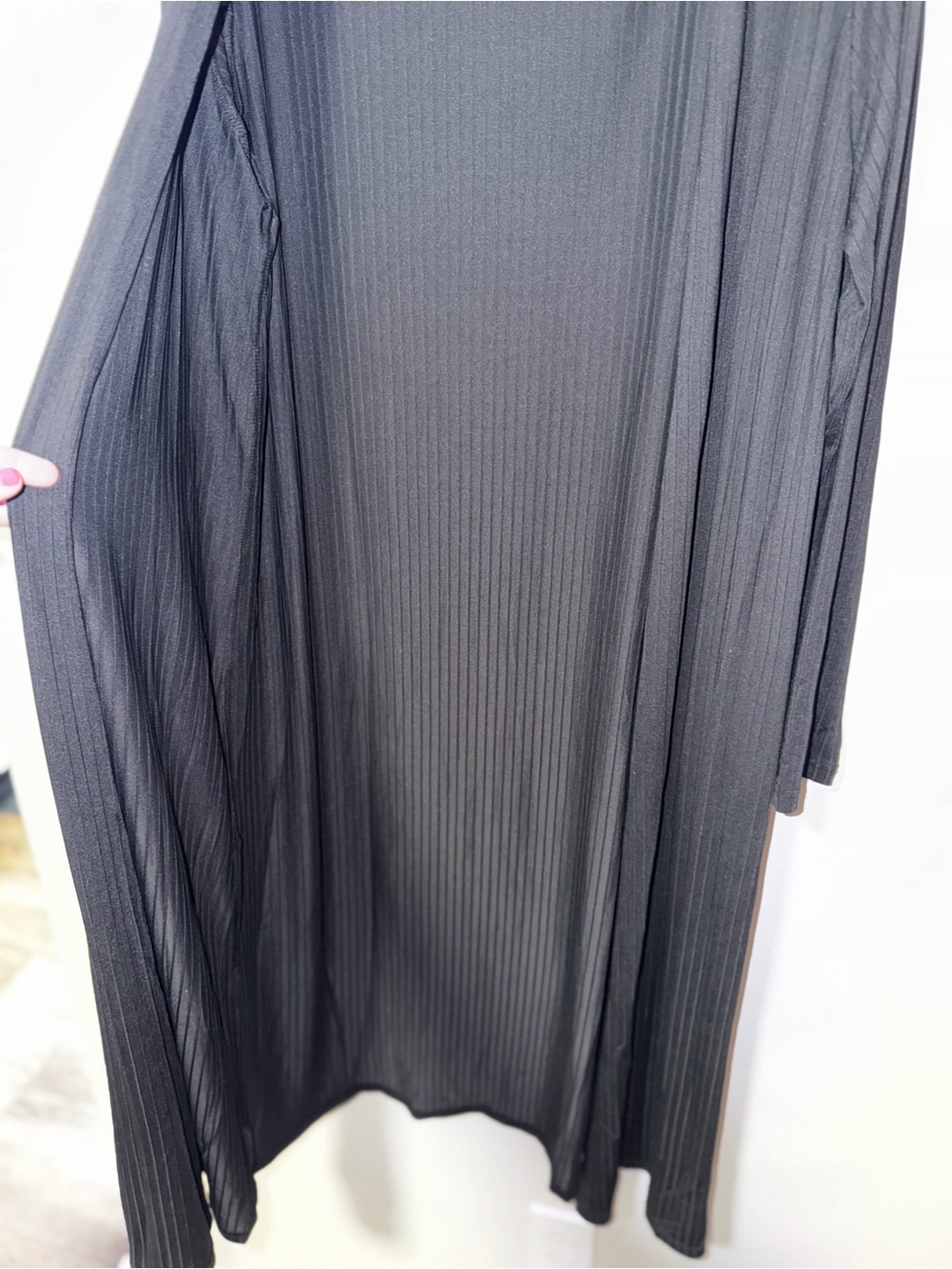 Long Open-Front Ribbed Cardigan - Black - Picture 8 of 12